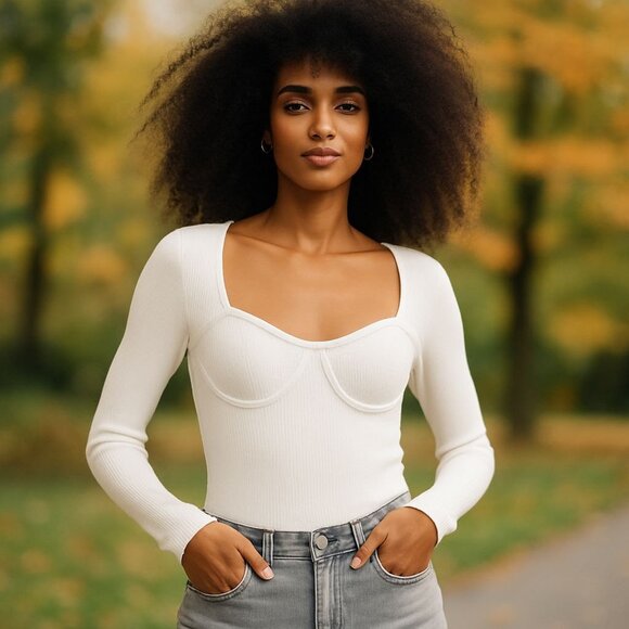 Madewell Wide Rib Sweater Top Women's Small Antique Cream Ivory Sweetheart Neck - Picture 3 of 16